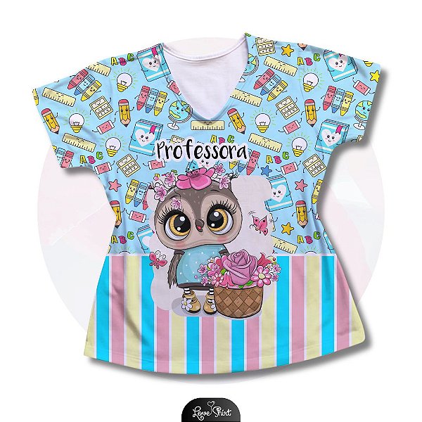 T-SHIRT PROFISSÃO PROFESSORA CORUJA BARRA COLORIDA 1