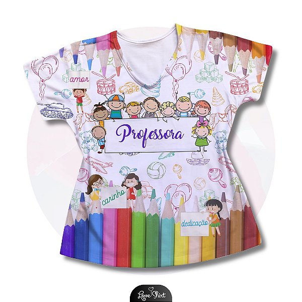 T-SHIRT PROFISSÃO PROFESSORA BARRA DE LÁPIS CRIANÇAS VARIADA