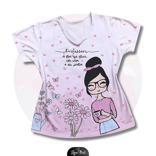 T-SHIRT PROFISSÃO PROFESSORA FLORES DEGRADÊ ROSA