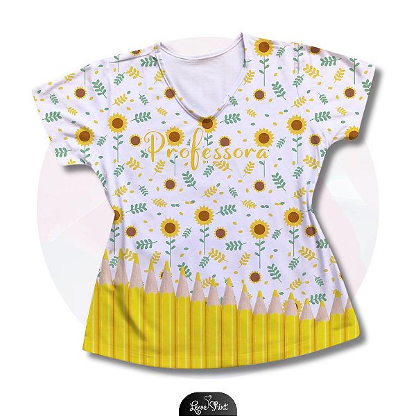 T-SHIRT PROFISSÃO PROFESSORA GIRASSOL BARRA LÁPIS AMARELO