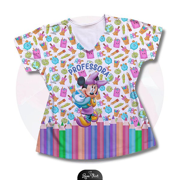 T-SHIRT PROFISSÃO PROFESSORA MINNIE BARRA LÁPIS COLORIDO