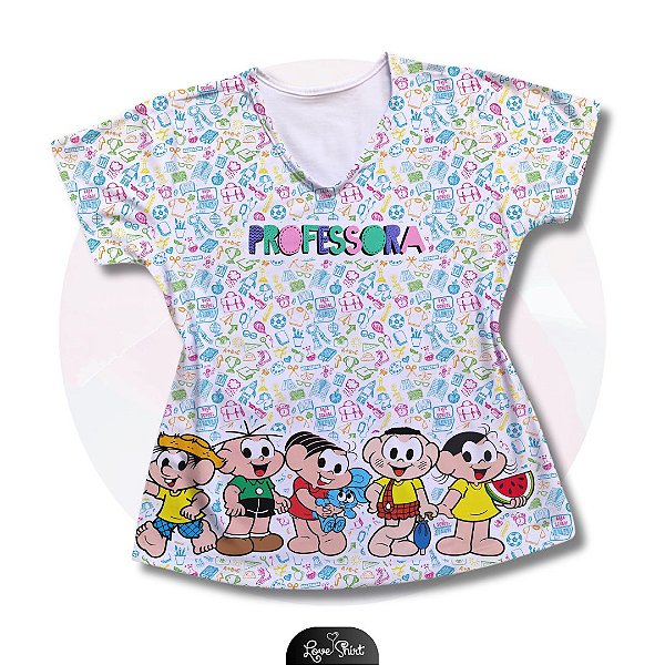 T-SHIRT PROFISSÃO PROFESSORA TURMA DA MÔNICA FUNDO VARIADO