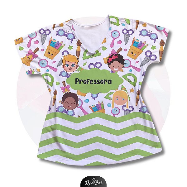 T-SHIRT PROFISSÃO PROFESSORA BARRA VERDE VARIADA ESCOLAR