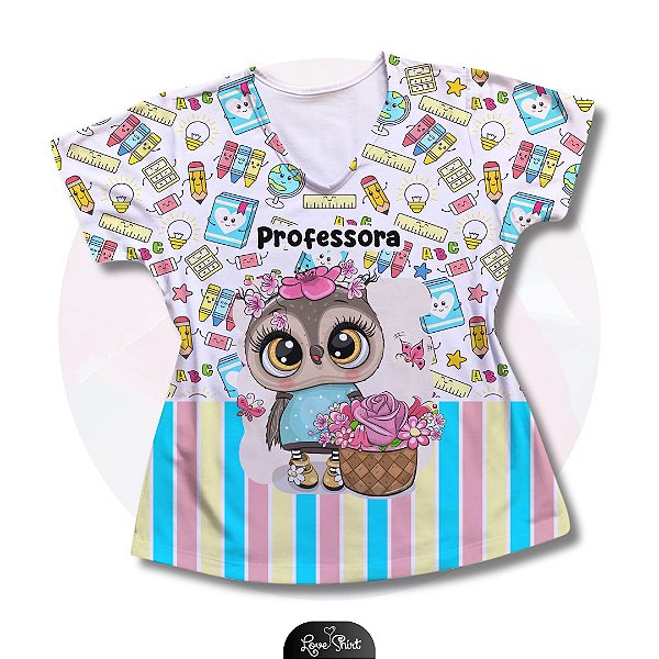 T-SHIRT PROFISSÃO PROFESSORA CORUJA BARRA COLORIDA