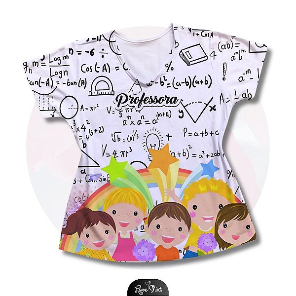 T-SHIRT PROFISSÃO PROFESSORA FUNDO CÁLCULOS BARRA CRIANÇAS