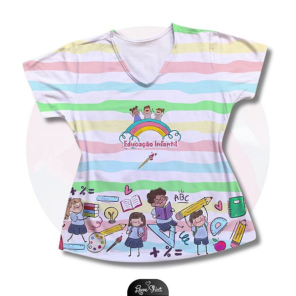 T-SHIRT PROFISSÃO EDUCAÇÃO INFANTIL BARRA ESCOLAR LISTA COLORIDA
