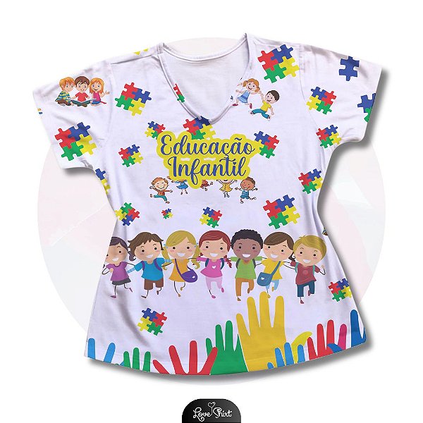 T-SHIRT PROFISSÃO EDUCAÇÃO INFANTIL BARRA MÃOS QUEBRA CABEÇA