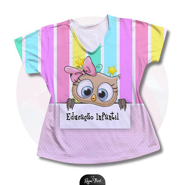 T-SHIRT PROFISSÃO EDUCAÇÃO INFANTIL CORUJA BARRA ROSA FD LISTRADO