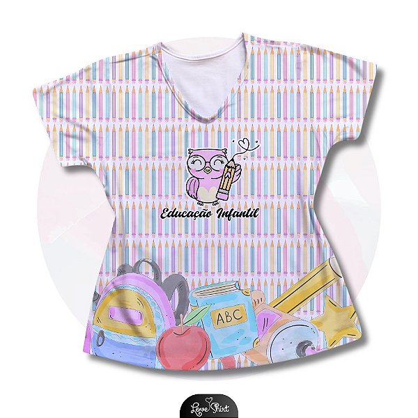 T-SHIRT PROFISSÃO EDUCAÇÃO INFANTIL FD LÁPIS BARRA ESCOLAR CORUJA