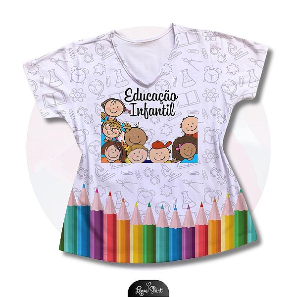 T-SHIRT PROFISSÃO EDUCAÇÃO INFANTIL FD BRANCO VARIADO BARRA LÁPIS CRIANÇAS CENTRAL