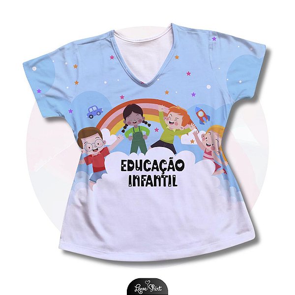 T-SHIRT PROFISSÃO EDUCAÇÃO INFANTIL NUVEM, ARCO-ÍRIS E CÉU