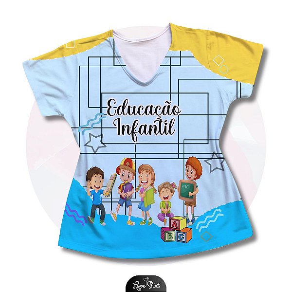 T-SHIRT PROFISSÃO EDUCAÇÃO INFANTIL VARIADA FD AZUL COM AMARELO