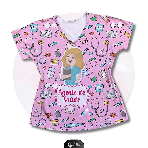 T-SHIRT PROFISSÃO AGENTE DE SAÚDE MULHER LOIRA FD ROSA