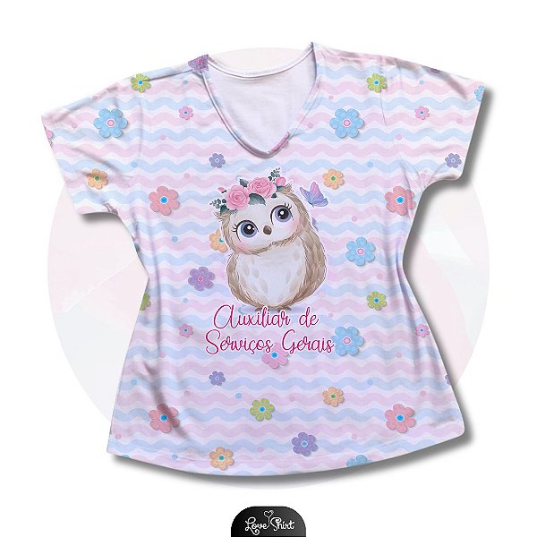 T-SHIRT PROFISSÃO AUXILIAR DE SERVIÇOS GERAIS CORUJA FD FLORAL