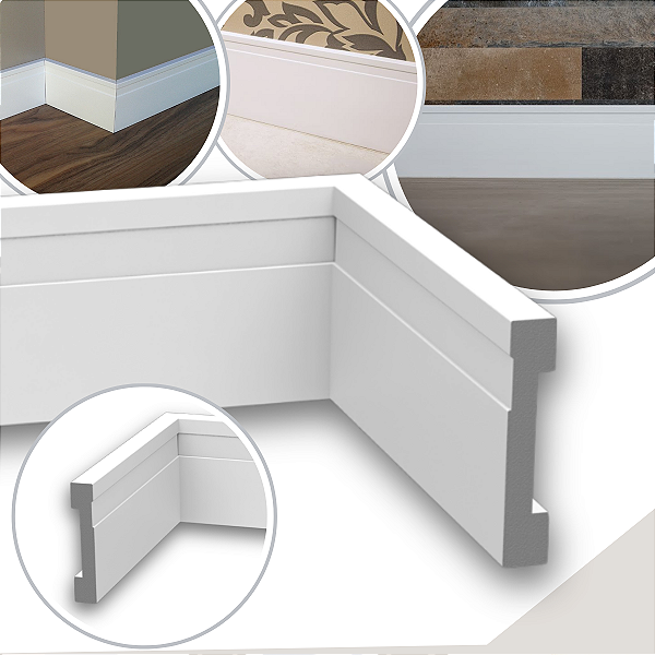 Kit 10 Barras Rodapé Guarnição de Poliestireno 7 cm Alt Alizar Branco Frisado (13mm x 2,40 metros)
