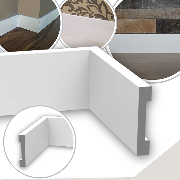 Kit 10 Barras Rodapé Guarnição de Poliestireno 7 cm Alt Alizar Branco Liso (13mm x 2,40 metros)