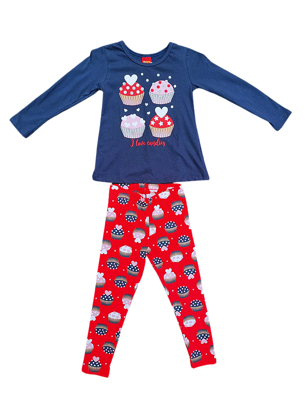 Conjunto Manga Longa com Estampa Divertida de Cupcakes