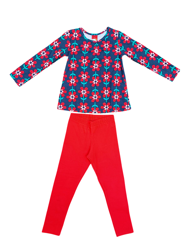 Conjunto Infantil Floral com Legging Vermelha