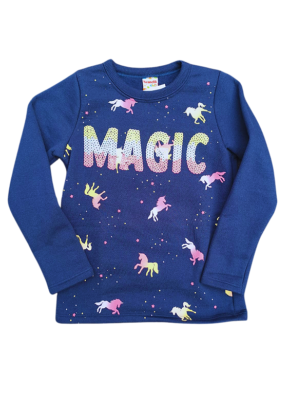 Blusa Infantil Manga Longa Azul com Estampa de Unicórnios e "MAGIC"