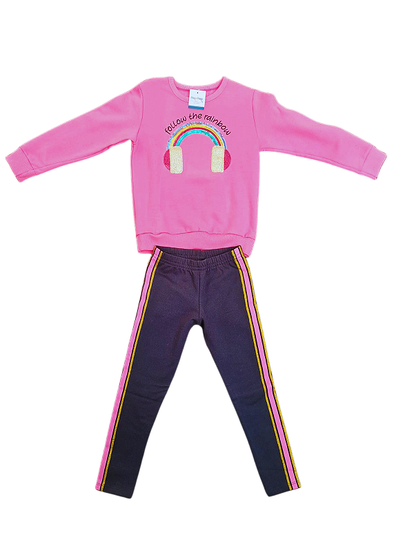 Conjunto Infantil Feminino "Follow the Rainbow" – Blusa Rosa + Calça com Listras