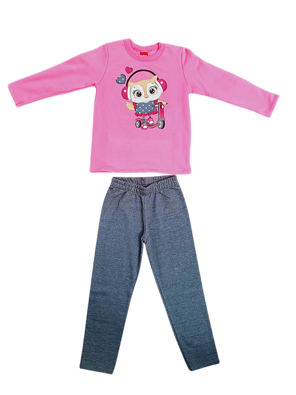 Conjunto Infantil Feminino Manga Longa Rosa e Calça Cinza