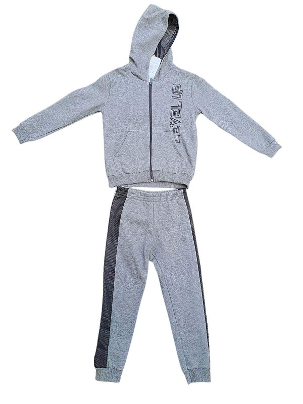 Conjunto Infantil Moletom Cinza com Capuz e Detalhes Laterais