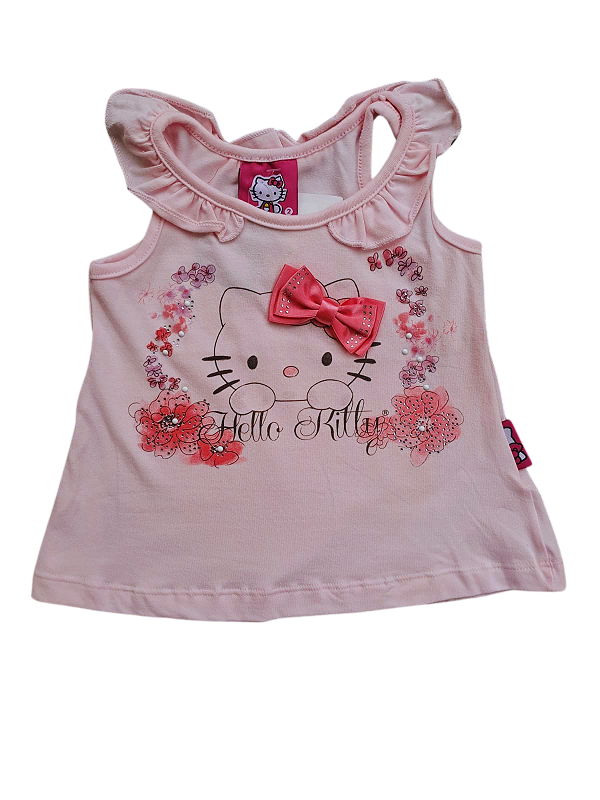 Regata Infantil Feminina Hello Kitty Rosa com Babados e Laço 3D