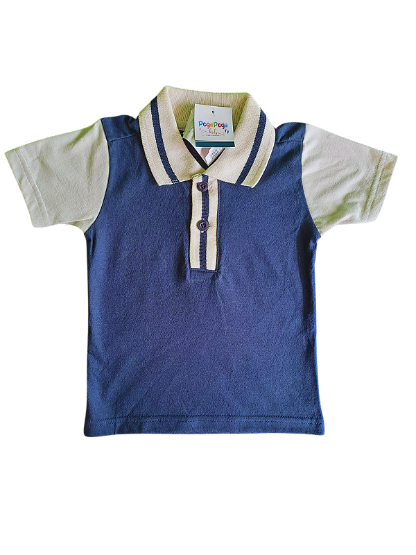 Camisa Polo Infantil Masculina Azul Marinho e Bege - Marisol