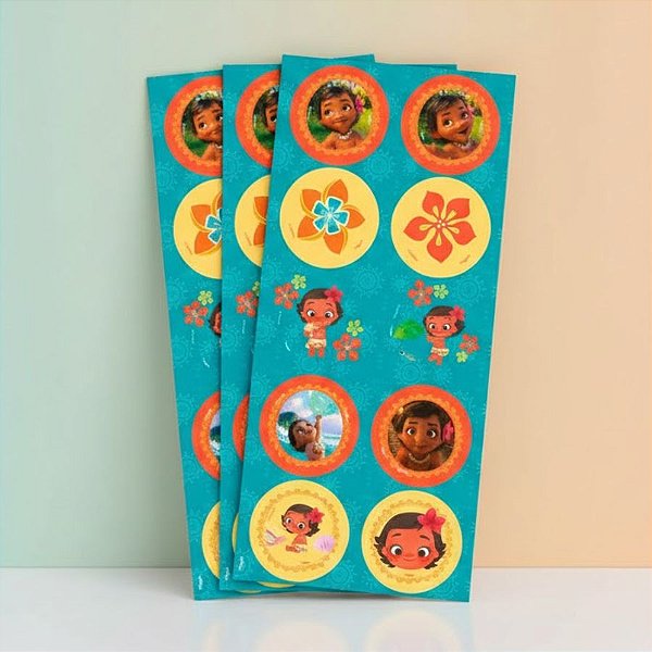 Adesivo Decorativo Redondo - Moana Baby - 30 unidades - Disney Original - Regina
