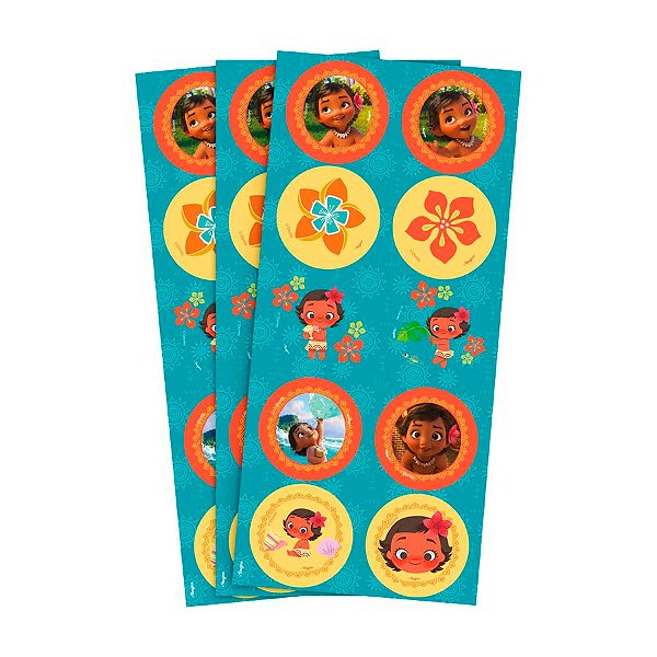 Adesivo Decorativo Redondo - Moana Baby  - 30 unidades - Disney Original - Rizzo