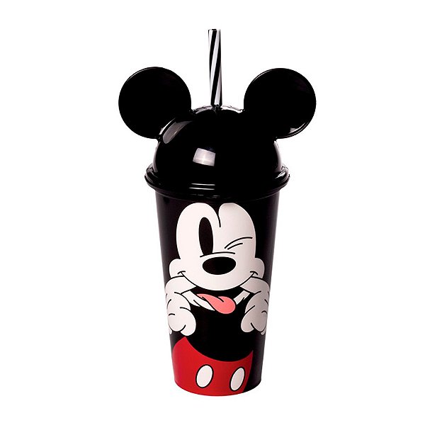 Copo de Plástico com Tampa e Canudo Orelha Mickey - 500ml - 1 unidade - Disney Original - Plasútil