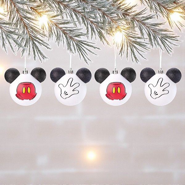 Bola de Natal Roupa Mickey - Branco/Preto/Vermelho - 8cm - 4 unidades - Disney Original - Rizzo
