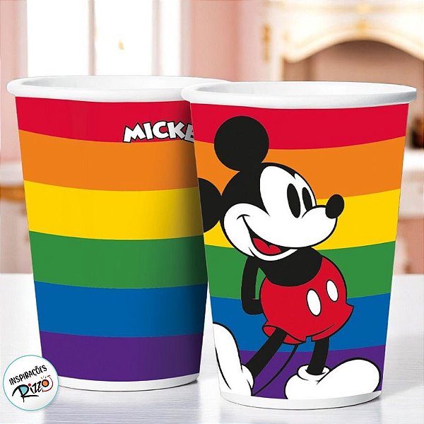 Copo Papel 180ml Festa Mickey Arco-Íris - 12 unidades - Disney Original - Rizzo