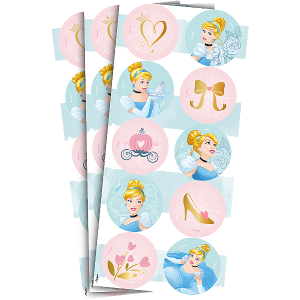 Adesivo Redondo Decorativo - Cinderela - 30 unidades - Disney Original - Rizzo