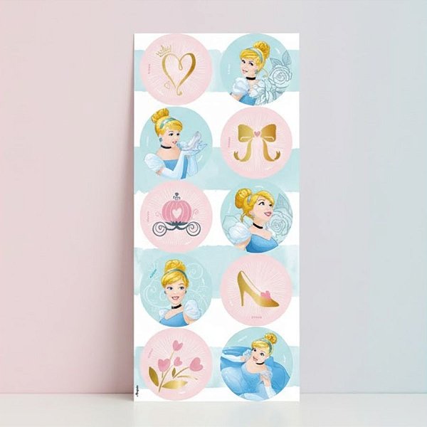 Adesivo Redondo Decorativo - Cinderela - 30 unidades - Disney Original - Rizzo