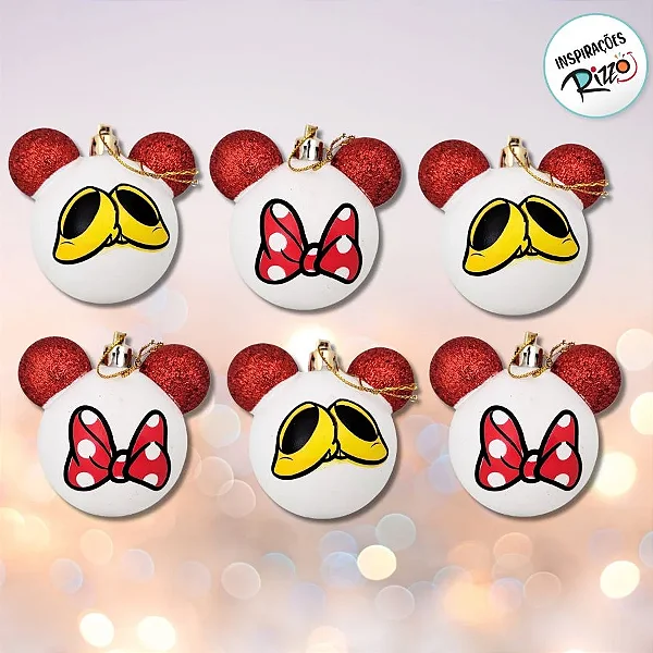 Bola de Natal Laço/Sapato Minnie - Vermelho/Branco - 6cm - 6 unidades - Disney Original - Rizzo