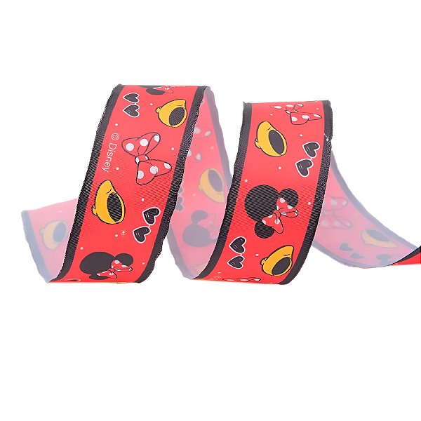 Fita de Cetim Estampa Minnie - Vermelho/Preto/Amarelo - 3,8x1000cm - 1 unidade - Disney Original - Rizzo