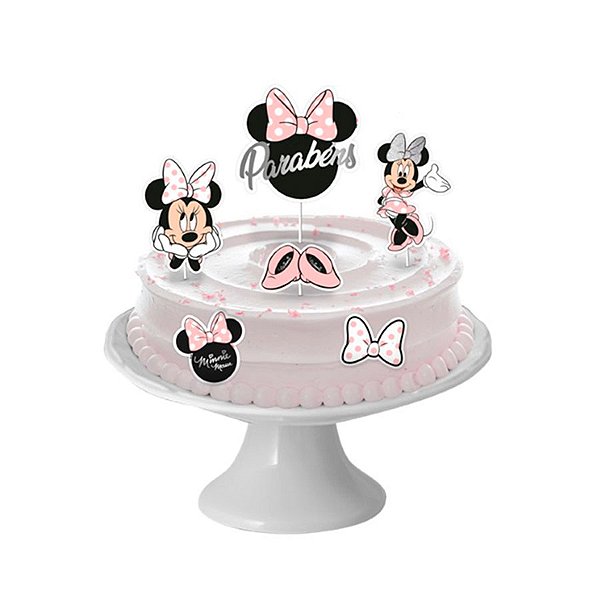 Decoração De Bolo - Cenário Minnie Mouse Rosa - 6 unidades - Disney Original - Rizzo