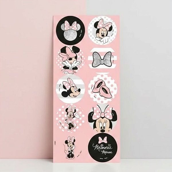 Adesivo Redondo - Minnie Mouse Rosa - 30 unidades - Disney Original - Rizzo