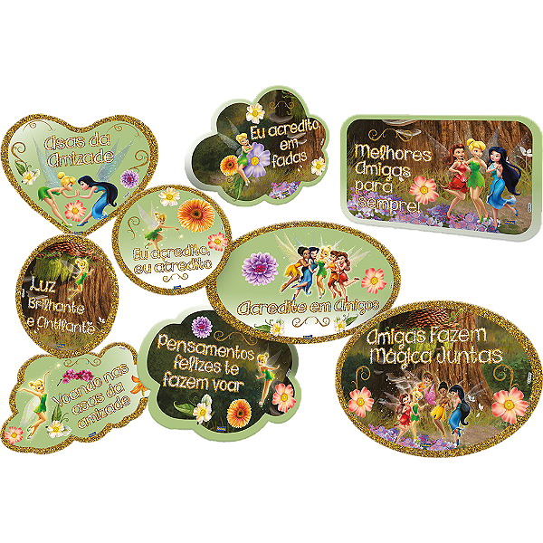 Kit Plaquinhas Divertidas Festa Fadas - 09 unidades - Disney Original - Rizzo