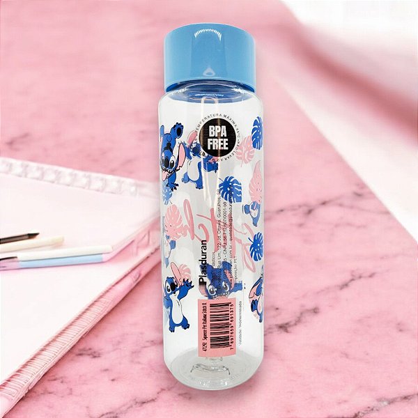 Garrafa Squeeze Pet Italiana - Stitch - Transparente Tampa Azul - 1L  26cm - 1 unidade - Disney Original - Rizzo