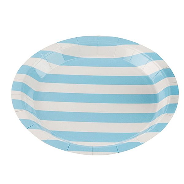 Prato Papel Biodegradável Listrado Azul Bebe - 10 unidades - 18 cm - Rizzo