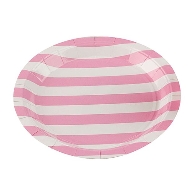 Prato Papel Biodegradável Listrado Rosa Bebe - 10 unidades - 18 cm - Rizzo