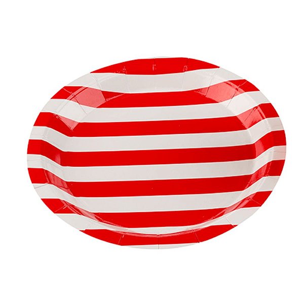 Prato Papel Biodegradável Listrado Vermelho - 10 unidades - 18 cm - Rizzo