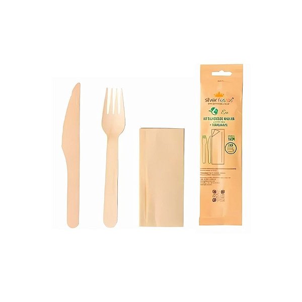 Kit Talher De Madeira Com Garfo, Faca e Guardanapo - 16cm - 20 unidades - Silver Festas - Rizzo
