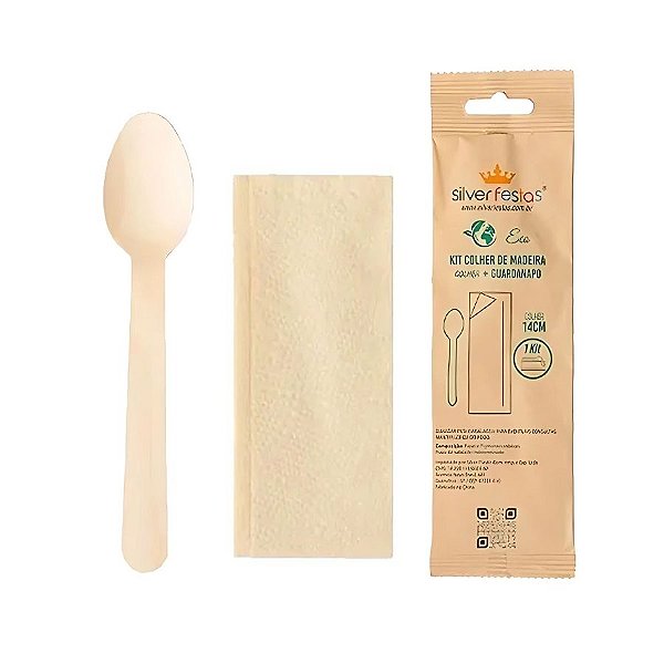 Kit Talher De Madeira Com Colher e Guardanapo - 14cm - 20 unidades - Silver Festas - Rizzo