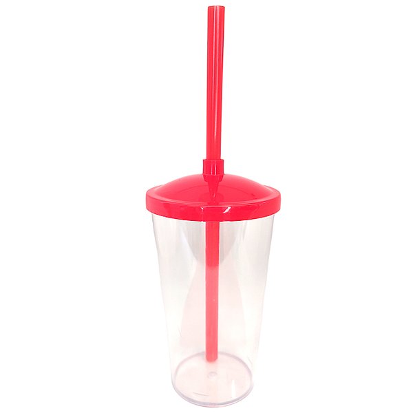 Copo de Acrílico Durável com Tampa e Canudo 300ml - Vermelho - 1 unidade - Rizzo