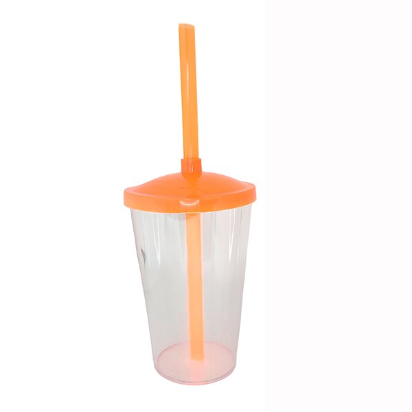Copo de Acrílico Durável com Tampa e Canudo 300ml - Laranja Neon - 1 unidade - Rizzo