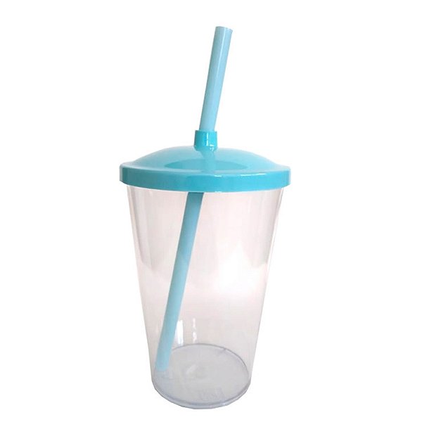 Copo de Acrílico Durável com Tampa e Canudo 300ml - Azul Claro - 1 unidade - Rizzo