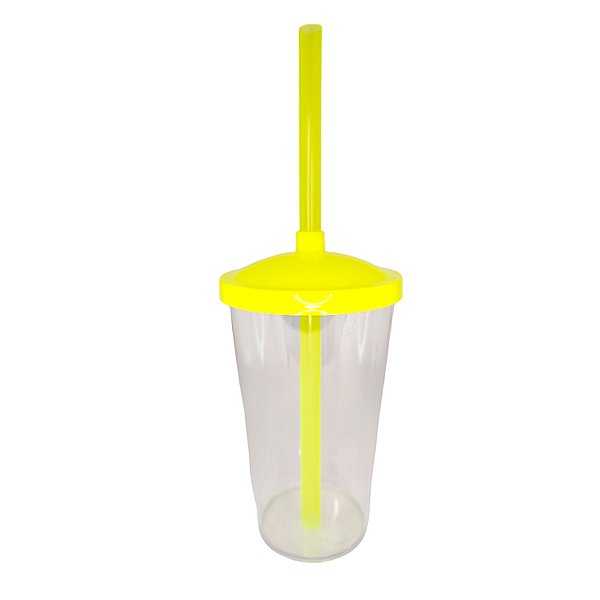 Copo de Acrílico Durável com Tampa e Canudo 300ml - Amarelo Neon - 1 unidade - Rizzo